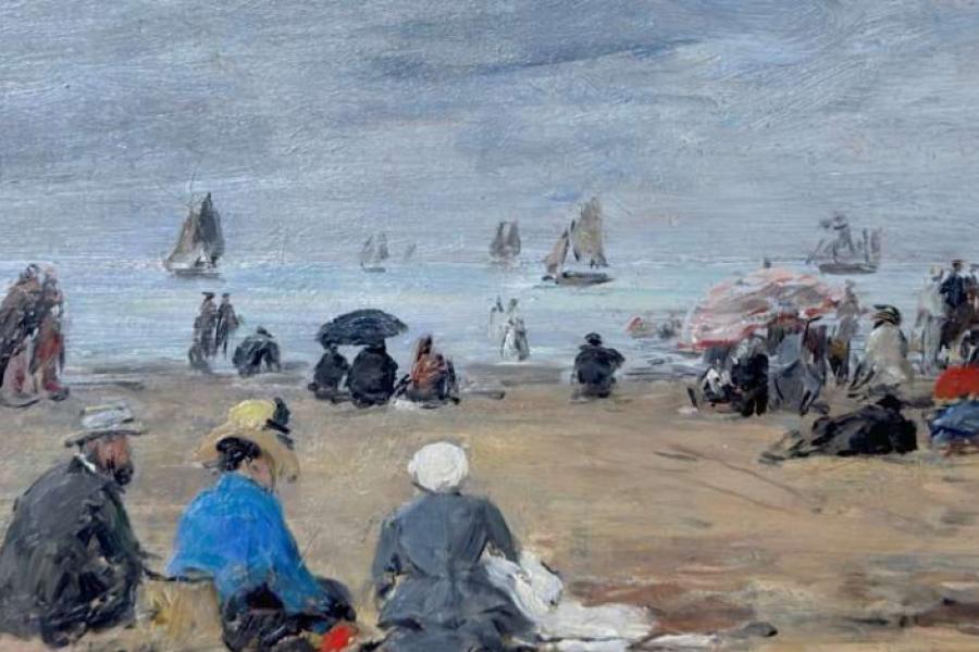 Eugène-Louis Boudin (French, 1824-1898),Trouville, scène de plage, 1884, oil on panel, 6 x 10¾ in – 15.2 x 27 cm. MacConnal-Mason, London