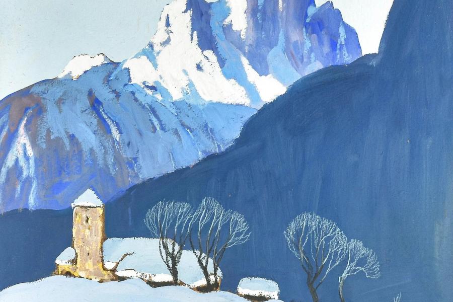 Oskar Mulley  Winter in Tirol Tempera/Malkarton, sign., 31 x 38 cm, Bild: Kunsthandel Runge