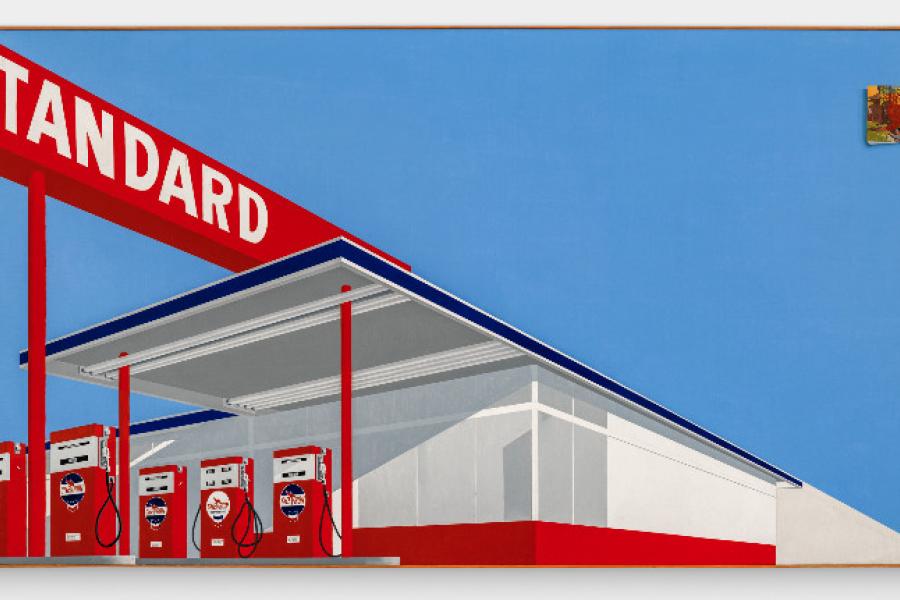 Ed Ruscha (b. 1937), Standard Station, Ten-Cent Western Being Torn in Half, 1964. Oil on canvas. 65 x 121½ in (165.1 x 308.6 cm). Estimate on request. Offered in the 20th Century Evening Sale on 19 November 2024 at Christie’s in New York