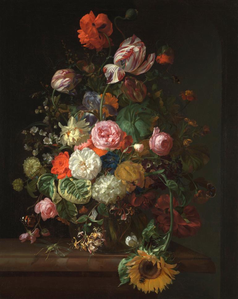 Rachel Ruysch (1664-1750) Stillleben mit Rosen, Tulpen und Sonnenblume, 1710  Öl auf Leinwand 88,9 × 71,1 cm Inventarnummer L1317  The National Gallery, London  On loan from the collection of Janice and Brian Capstick  © Private Collection