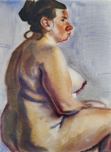 627   Curt Querner "Sitzender weiblicher Akt, im Profil nach rechts". 1963.  Aquarell auf "CM-Fabriano"-Bütten. In Blei monogrammiert "Qu" und datiert "24.3.63" u.re. Verso in Blei bezeichnet "XOX" u.re. Die Blattecken mit Reißzwecklöchlein sowie minimal knickspurig u.li., mit unscheinbarer Fortsetzung zur Blattmitte. Am oberen Blattrand ein unscheinbarer vertikaler Knick über die gesamte Blattbreite. WVZ Dittrich 1189.