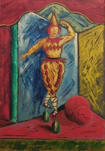 Bruno Krauskopf, Tanzender Clown. Wohl 1950er Jahre.  Öl auf Hartfaser. Signiert u.re. "B. Krauskopf". In schwarzer Holzleiste mit goldenem Lichtprofil gerahmt. Malschicht partiell leicht berieben; an der Oberkante drei minimale Fehlstellen.