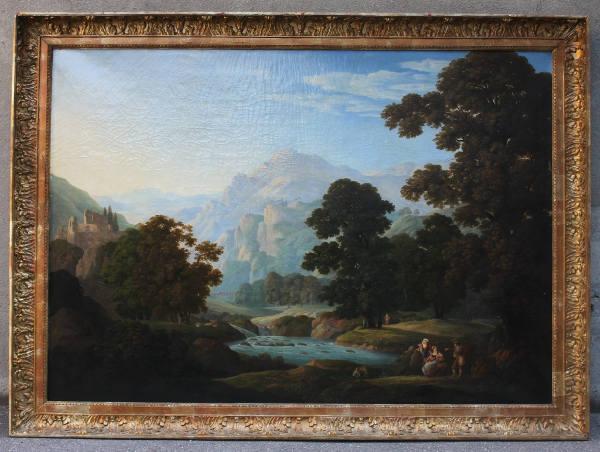 Klassizistischer Landschafter (um 1830) (Katnr. 1200, Taxe € 7.800,-)  Wir  freuen uns, Ihnen auch diese großformatige (130x186cm) "Gebirgslandschaft mit Burgruine und Personenstaffage" anbieten zu können. We're glad to offer you this large-sized (130x186cm) "Mountainous region with castle ruin and people".