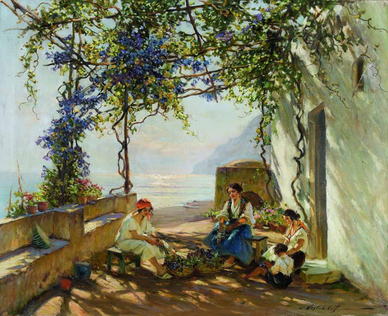 Konstantin Alexandrovitch Weschtschiloff Frauen in einer Pergola auf Capri. (Schätzpreis CHF 24‘000) Provenienz: Privatsammlung, Schweiz.