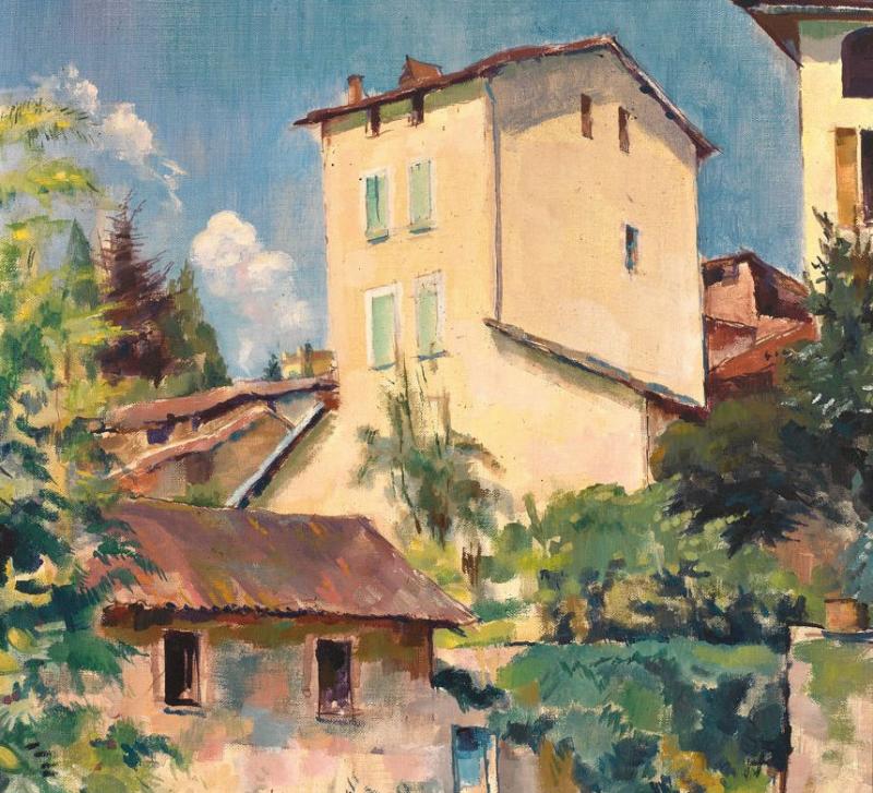 Gunter Böhmer. 1911 Dresden - 1986 Lugano. Studierte bei Emil Orlik und Hans Meid in Berlin. Wurde 1933 von Hesse nach Montagnola eingeladen, wo er sich in der Casa Camuzzi niederließ und Hesse zeitlebens verbunden blieb. Wurde durch Max Slevogt und Lovis Corinth beeinflusst. War Ehrenmitglied der Stuttgarter Akademie. Sign. und (19)34 Aug. dat. Blick aus dem Atelier des Künstlers auf Häuserpartie in Montagnola. Öl/Lwd. 55,5 x 46,5 cm. R Ausrufpreis: 7800 Euro