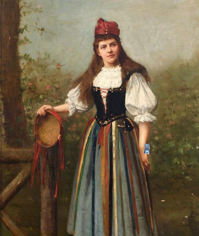 Stephano Novo. 1862 Cavarzere - 1927 Padua. War Schüler von P. Molmenti und E. Blaas. Sign. und 1891 dat. Portrait einer jungen Frau in Tracht mit Tambourin. Öl/Lwd. 77,5 x 51 cm. R Ausrufpreis: 5000 Euro