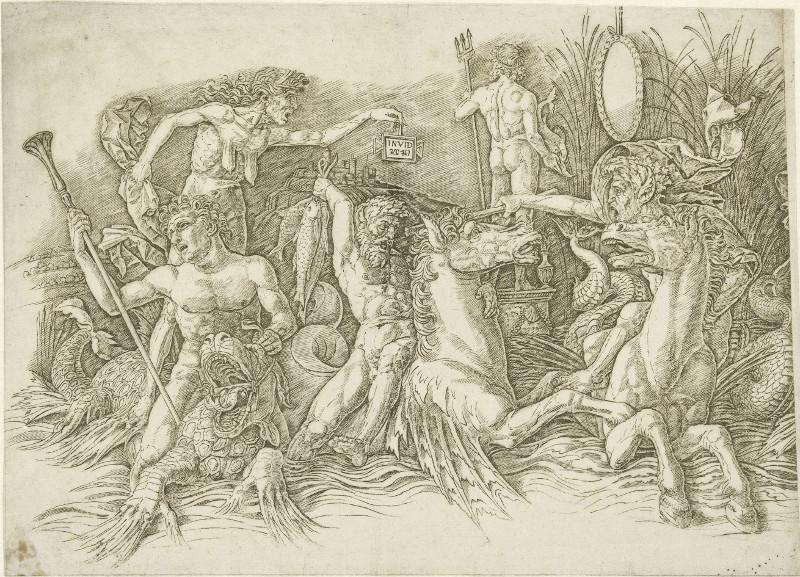 Andrea Mantegna (1431-1506) Kampf der Seegötter (l. Hälfte), 1470-1490 Kupferstich, 314 x 435 mm © Hamburger Kunsthalle, Kupferstichkab./bpk Photo: Christoph Irrgang