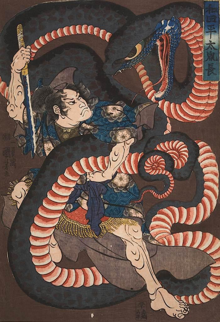 Utagawa Kuniyoshi (1798-1861): "Wada Heita Tanenaga im Kampf mit einer Riesenschlange", ca. 1845, Farbholzschnitt, Oban-Einzelblatt, 36,7 x 25,4 cm, Museum Kunstpalast, Düsseldorf, Graphische Sammlung