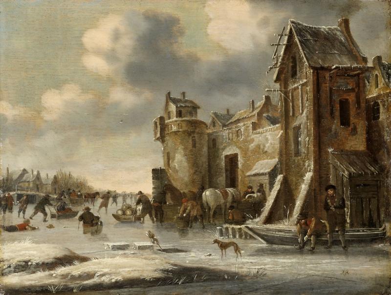 Claes Molenaer um 1639 Haarlem - 1676 Haarlem "Winterlandschaft" Öl auf Holz, monogrammiert 25,5 x 33,5 cm (Ariane Rückeshäuser Kunsthandel)