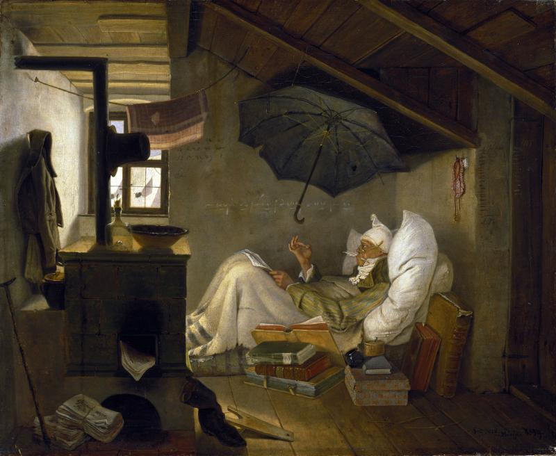 Carl Spitzweg, Der arme Poet, 1839, Öl auf Leinwand, 36,3 x 44,5 cm, Neue Pinakothek München, © Bayerische Staatsgemäldesammlungen EGL. Carl Spitzweg, The Poor Poet, 1839, oil on canvas, 36,3 x 44,5 cm, Neue Pinakothek München, © Bayerische Staatsgemäldesammlungen