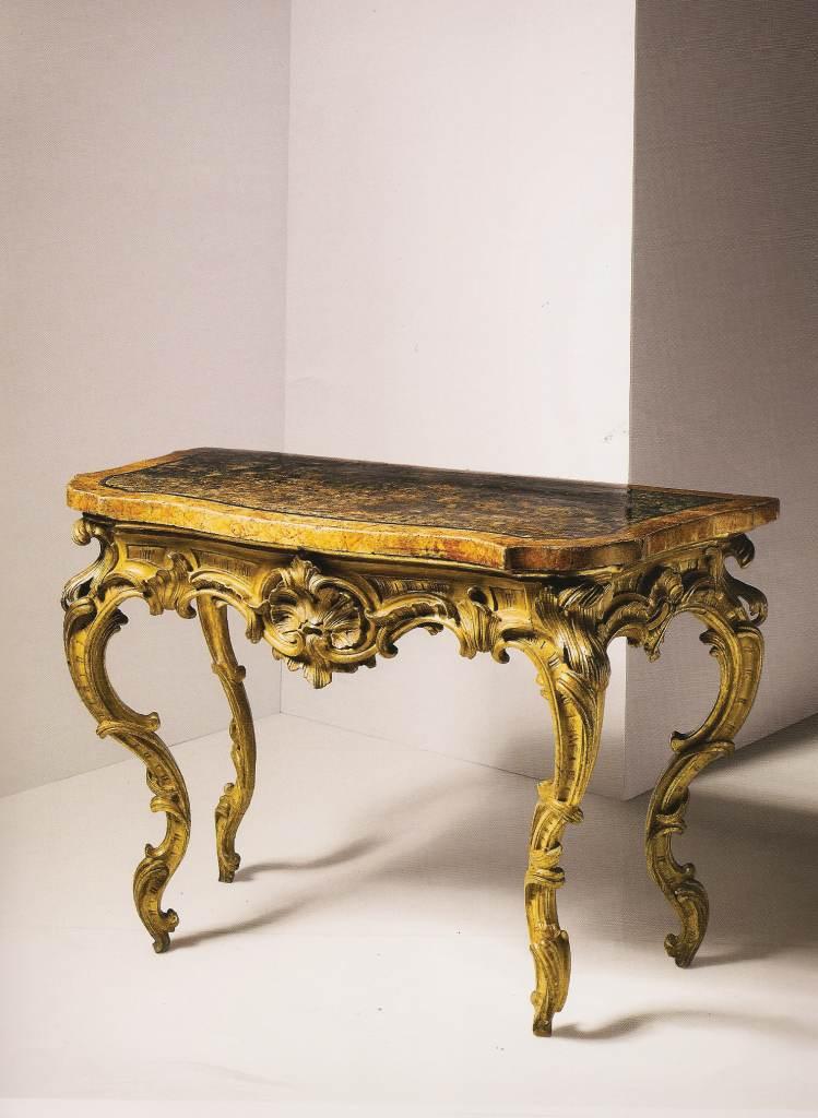 Foster-Gwin, Inc. Fine Rococo Period Painted and Parcel Gilt Console Table. Piedmont Region, Italy, c. 1740. 35 h. x 52 w. x 26 in. d.