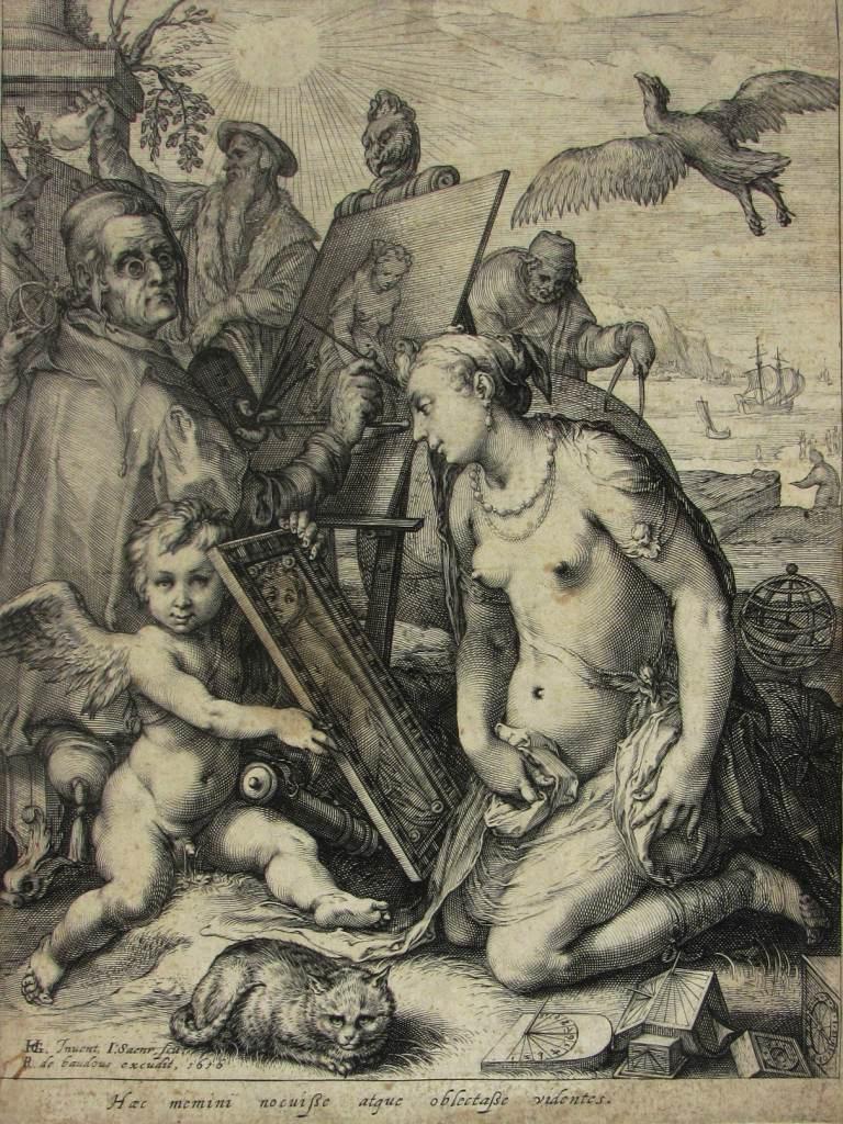 Jan Saenredam (1565-1607) nach Hendrick Goltzius (1558-1617) Allegorie des Sehsinns und der Malerei, 1616 Kupferstich Graphische Sammlung, Inv. 2011/197 Schenkung von Christoph Müller