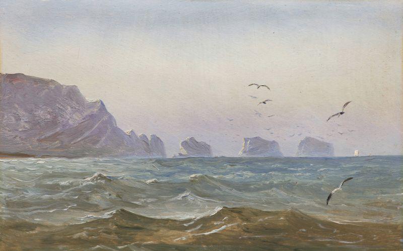 Carl Gustav Carus, Seestück mit Felsen (The Needles, Isle of Wight, im Gegenlicht). 1844. Öl auf dünner Malpappe, nachträglich vollflächig auf Bütten montiert und minimal geschnitten. Unsigniert.  12,3 x 19 cm, Ra. 14,3 x 21 cm. 	Aufruf 		12000 € 	Zuschlag 		42000 €