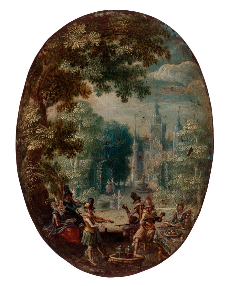 David Vinckboons. 1576 Mecheln - 1629 Amsterdam. Zugeschr. Elegante Gesellschaft amüsiert sich bei einem Picknick im Park mit Gesang und Lautenspiel. Aufgetischte Speisen und Weinkühler. Im Hintergrund Parkanlage mit Schloss und Brunnen. Meisterliche detaillierte Darstellung. Öl/Kupfer. Oval, 8 x 6 cm. R Ausrufnummer:	2507 Ausrufpreis:	1800 Euro