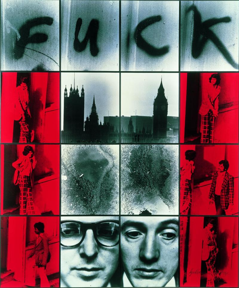 Gilbert & George Fuck, 1977 Fotoarbeit, 16teilig, davon 6 mit Dye-Colour Fotofarben rot colorije 50 x 60 cm; Gesamtmaß 241 x 201 cm Sammlung Kunstmuseum Wolfsburg © Kunstmuseum Wolfsburg