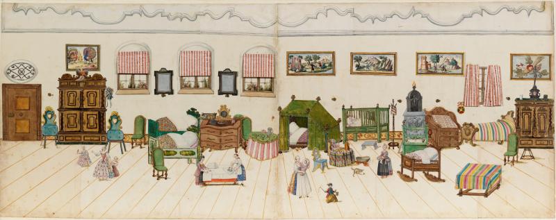 Balthasar Koch, Kinderzimmer Klebealbum, Aquarell und Kupferstich,1782, Privatbesitz