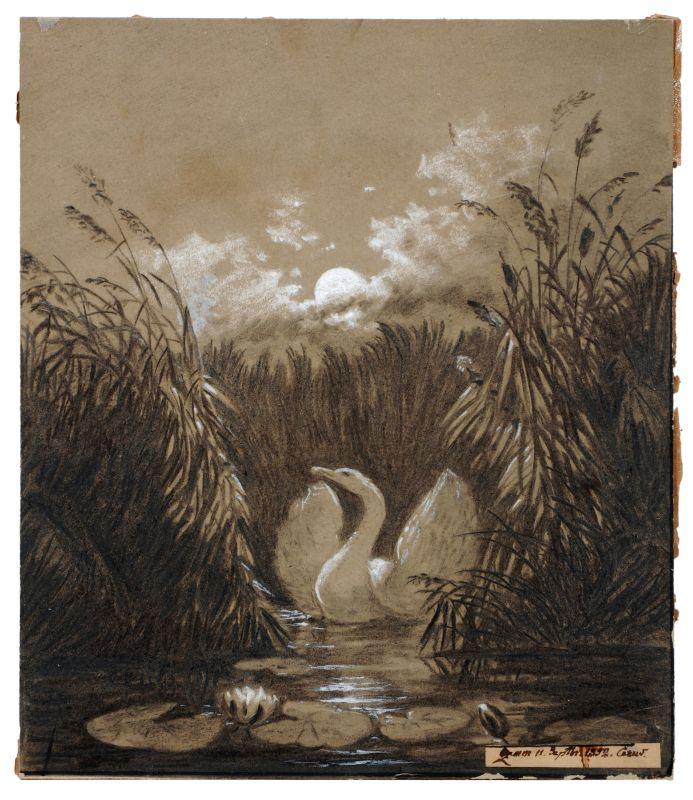 162  Carl Gustav Carus, Flügelschlagender Schwan im Schilf bei Mondlicht. 1852.  Kohlestiftzeichnung auf gelblichgrauem Papier, partiell weiß und grau gehöht. Vollflächig auf dünner Malpappe montiert. Mit einem klebemontiertem Papieretikett u.re. versehen, darauf handschriftlich signiert "Carus" datiert und bezeichnet "Zum 11. Sept(em)be(r) 1852." Hinter Glas in einer einfachen schwarzen Leiste gerahmt. Bl. 22,8 x 19,4 cm, Ra. 24,4 x 20,3 cm.			6000 €