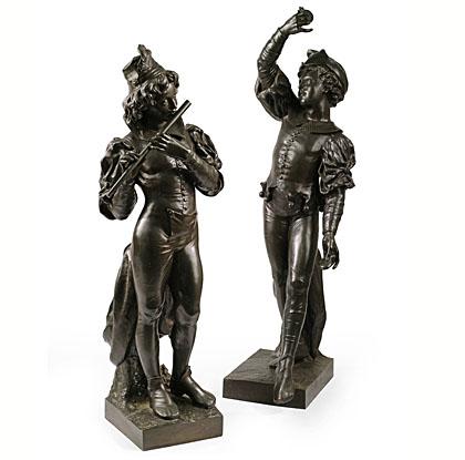 A. Rollé  Frankreich, 19. Jahrhundert Zwei lebensgroße Florentiner Troubadourknaben Bronze, signiert. H. 130/150 cm