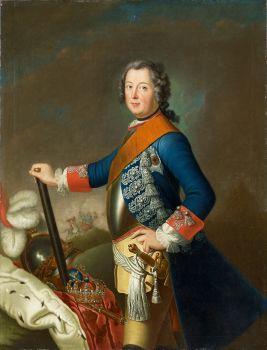 Matthieu, David Berlin 1697 - 1755 - zugeschrieben  Friedrich II von Preußen als junger Heerführer. Öl auf Leinwand. Altdoubliert. 146 x 112cm. Originaler, geschnitzter Galerierahmen. Schätzpreis: 	9.000 - 12.000 €  Van Ham | Saša Fuis (Köln)