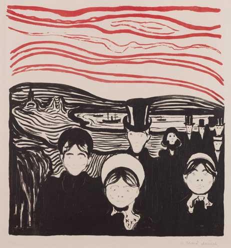 Bildlegende: Edvard Munch Angst, 1896 Lithografie auf Velinpapier, 499 x 425 mm Privatsammlung © The Munch Museum/The Munch-Ellingsen Group/2013, ProLitteris, Zürich