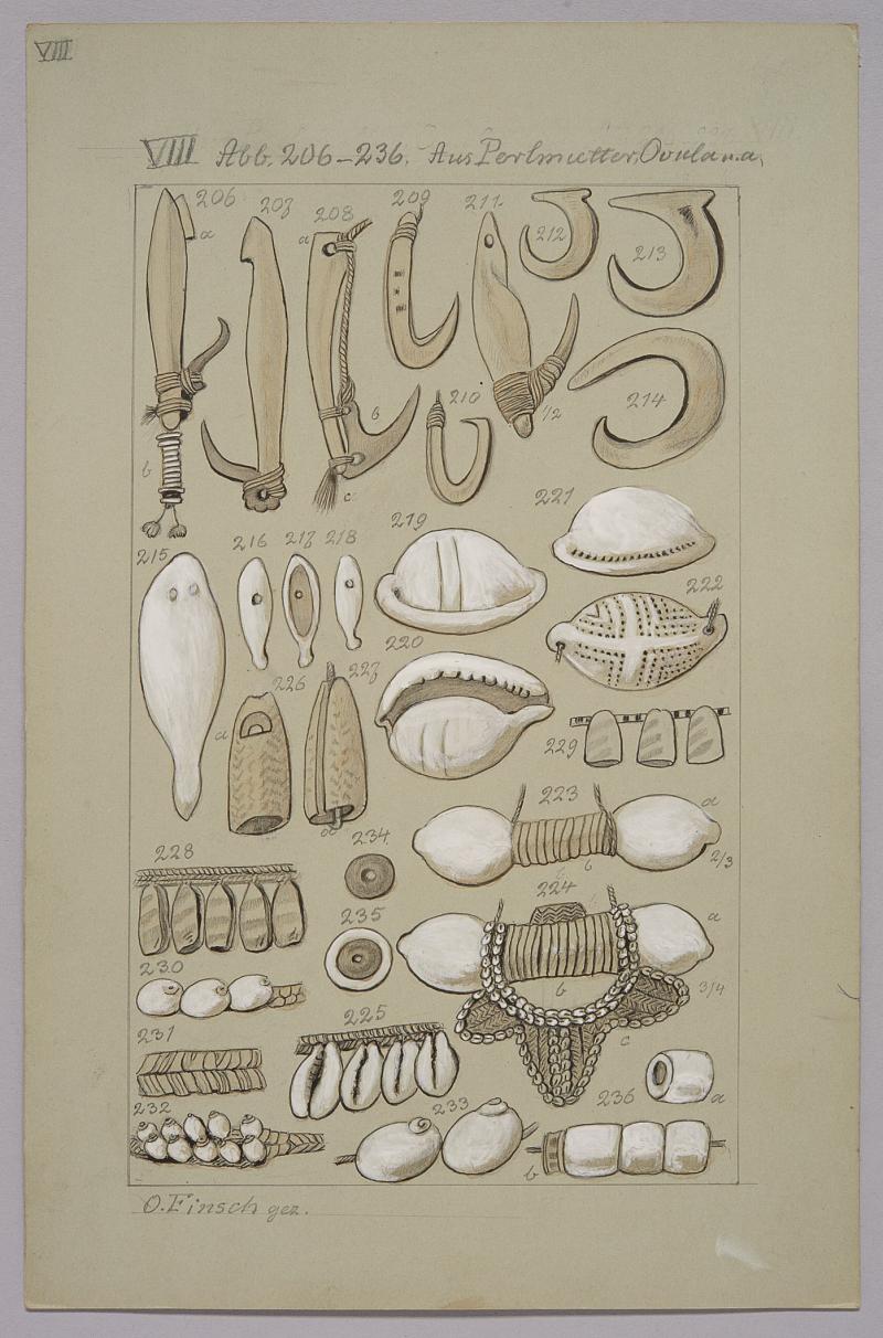 Gegenstände aus Perlmutt und Ovula-Schneckenschalen (680 KB) Neuguinea Otto Finsch, um 1885 Kolorierte Farbtafel, Papier auf Karton L. 275 mm, B. 180 mm Museum für Völkerkunde, Wien, Finsch-Objektblatt Nr. VIII