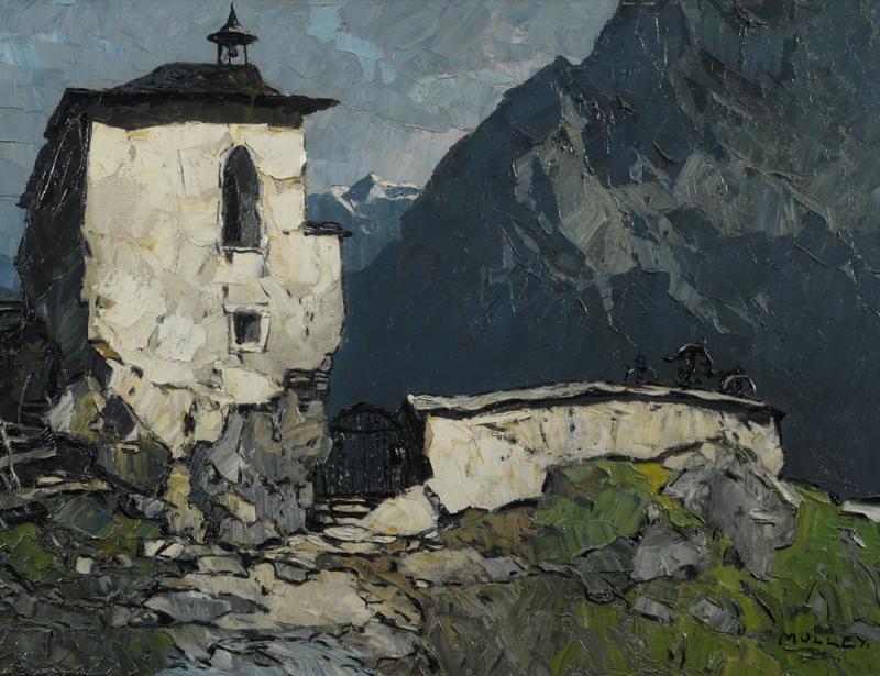 MULLEY, Oskar 1891 - 1949 Bergkapelle  Auktion 28. Novembern 2012 €  15.0000 – 25.000  Öl auf Leinwand 69,5 x 91,5 cm  Signiert rechts unten: MULLEY