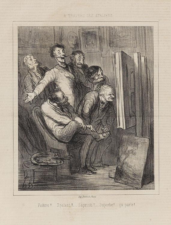 Lot: 106 Honoré Daumier 1808 Marseille - 1879 Valmondois A Travers les Ateliers. 1862. Lithografie. Delteil 3246 I (von II). Im Stein monogrammiert. Außerhalb der Darstellung typografisch bezeichnet und betitelt. Seltenes unverpresstes und gesuchtes Blatt des 1. Zustands.  Schätzpreis: 9.000 EUR / 11.520 $