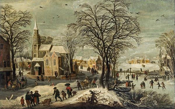 Philippe de Momper (Antwerpen 1598–1634 ebd.)  Winterlandschaft mit Kirche Öl auf Leinwand, doubliert, 70 × 114 cm 1620er Jahre Provenienz: Deutsche Privatsammlung Gutachten Dr. Klaus Ertz, Lingen, den 01. Oktober 2012, liegt bei. Kaufpreis von 75.000