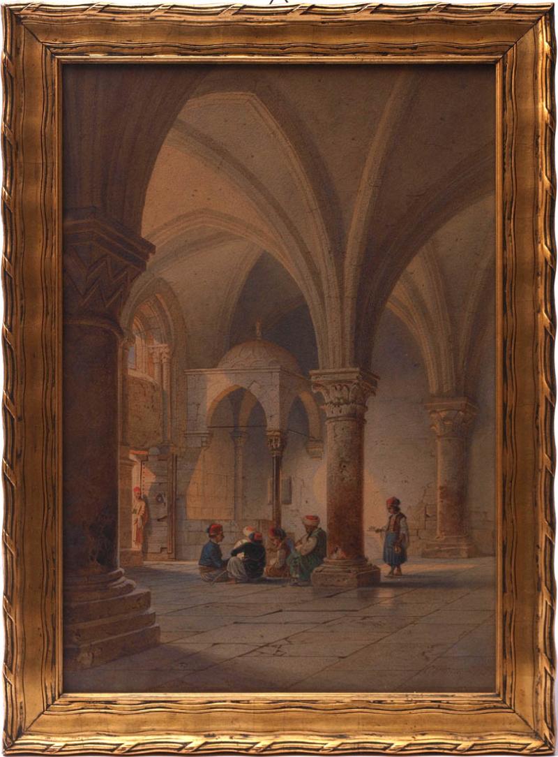 Losnummer: 1318 Artikelnummer: 1894-96  Werner, Carl Friedrich Heinrich, 1808 - 1894 Inneres einer Moschee mit Figurenstaffage. Studie aus seiner Palästina-Reise im Jahr 1864. Aquarell, rechts unten sign. und dat.1864, vergoldeter Prunkrahmen. Innenmaß des Rahmens 49,5x33,5cm. Vgl. Thieme-Becker.  Ausrufpreis: € 1500,-