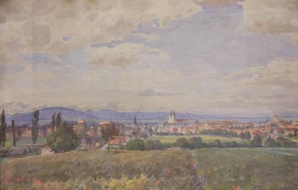 August Croissant, Blick auf Landau und die Haardt, großes Aquarell von 1913 im originalen Holzrahmen