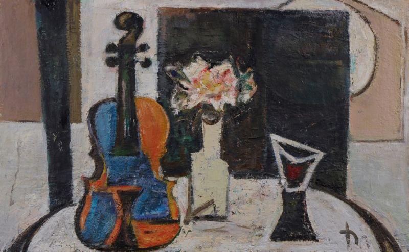 044   Joachim Heuer, Stilleben mit Violine und Amaryllis. Ohne Jahr.  Öl auf Holz. Ligiert monogrammiert "Jh." u.re. In einfacher, schwarzer Holzleiste gerahmt. 9500 €