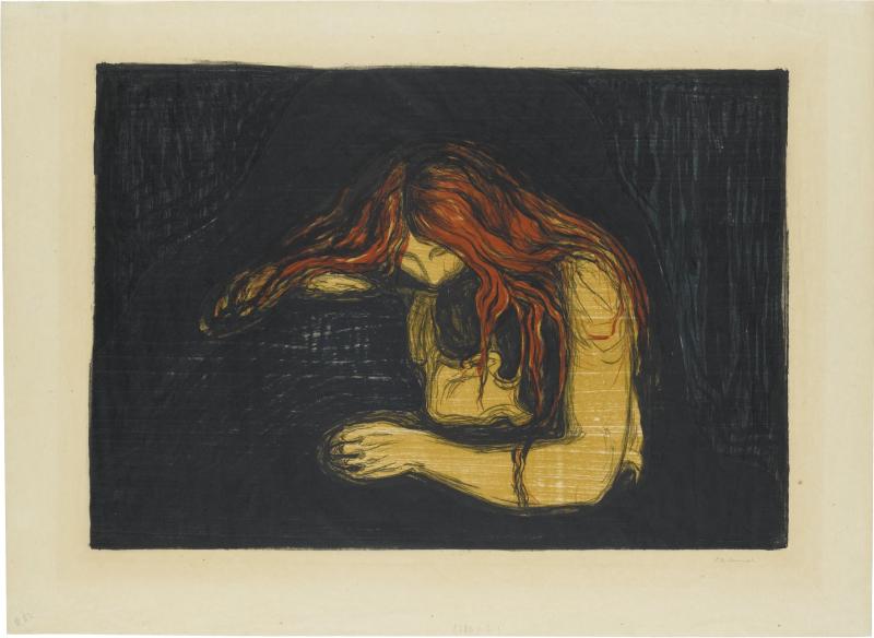 Edvard Munch, Vampir II, 1895/1902, Farblithographie und Farbholzschnitt, Staatsgalerie Stuttgart, Graphische Sammlung, © The Munch Museum / The Munch Ellingsen Group / VG Bild-Kunst, Bonn 2012