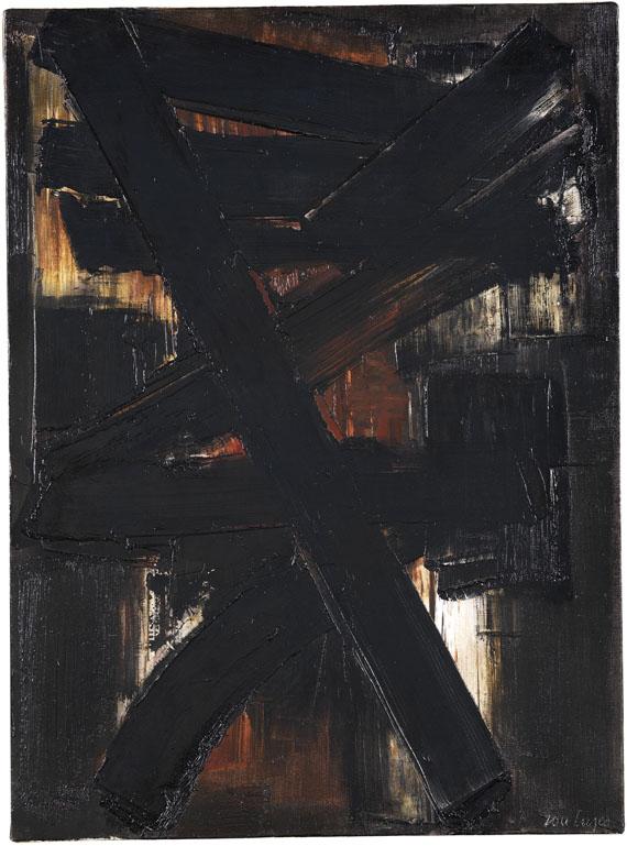 Lot: 219   Soulages, Pierre  Peinture 81 x 60 cm, 2 mai 1957  Erlös (inkl. 22% Aufgeld): 488.000 EUR / 634.400 $ Schätzpreis: 150.000 EUR / 195.000 $