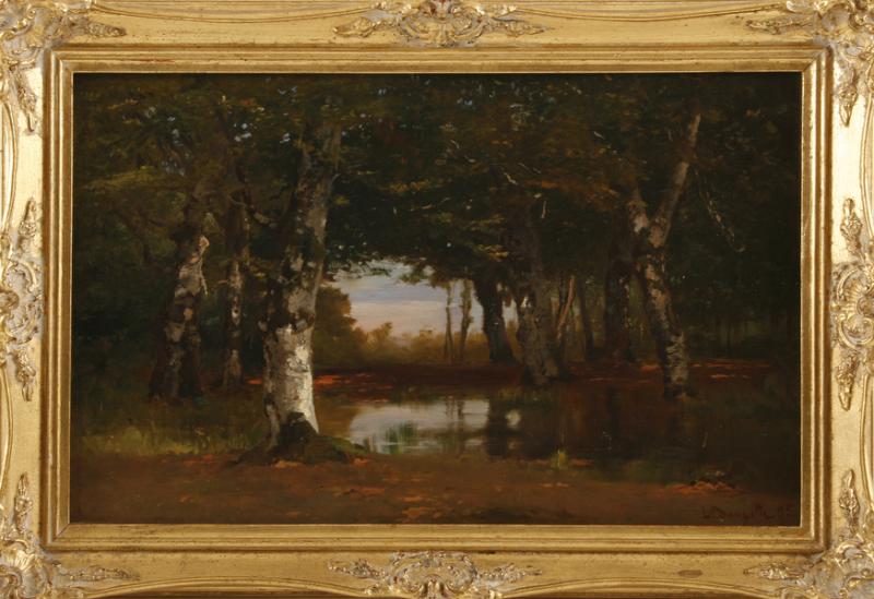 KatalogNr: 618 Louis Douzette (1834-1924), Öl/Holzplatte, "Landschaft mit Laubbäumen", unten rechts signiert und datiert "L. Douzette. 95", 25x40cm, gerahmt (31x45cm), kleine Kratzspuren, Flecken, Mattstellen RP: 750,00 €