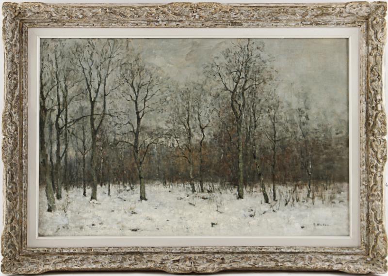 KatalogNr: 1205 - Standort: Hamburg Rudolf Höckner (1864-1942), Öl/Lw, signiert unten rechts "R. Höckner", "Winterlicher Wald", 100x66cm, gerahmt (85x120cm), partiell craqueliert, Farbfehlstellen  	RP: 6800,00 €