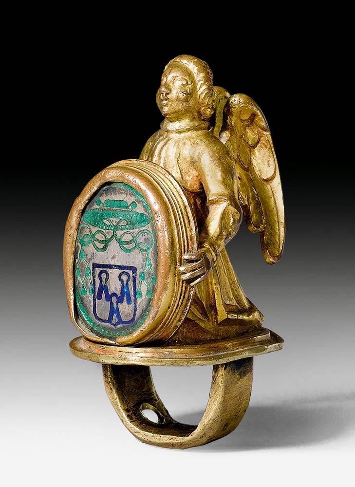 A164 / 1023 FINGERRING MIT ENGEL ALS WAPPENTRÄGER, Renaissance, Burgund, 15. Jh.  CHF 15 000 / 25 000