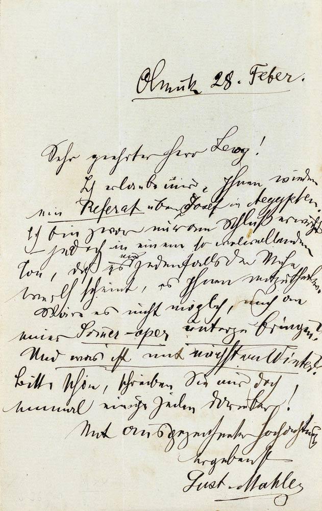 A164 / 132 GUSTAV MAHLER (1860-1911) Eigenhändiger Brief mit Unterschrift. Olmütz, datiert 28. Februar 1883. 1 Seite.  CHF 3 000 / 4 000