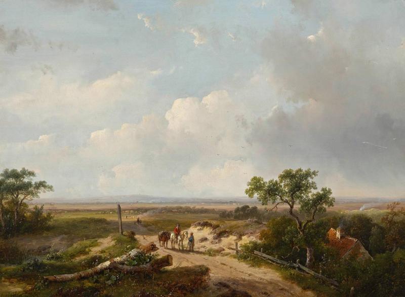 A164 / 3272 ANDREAS SCHELFHOUT (1787 Den Haag 1870) Landschaft mit Reisenden. 1849. Öl auf Holz. Signiert und datiert: Schelfhout. 49. 29,3x39,6 cm.  CHF 40 000 / 50 000