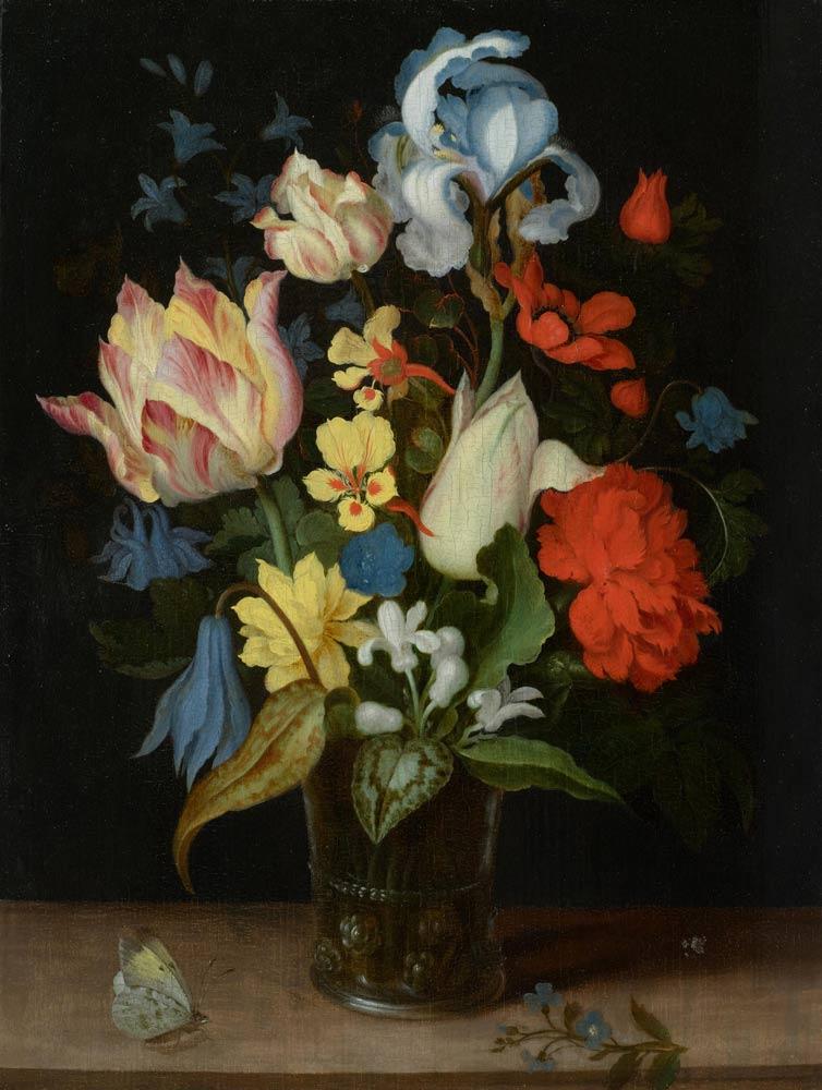 A164 / 3061 JOHANNES VAN DER AST (vor 1593-1618 oder kurz danach) Blumenstrauss in einer Glasvase auf einer Tischplatte mit Schmetterling. Öl auf Holz. 30,6x23 cm.  CHF 100 000 / 150 000