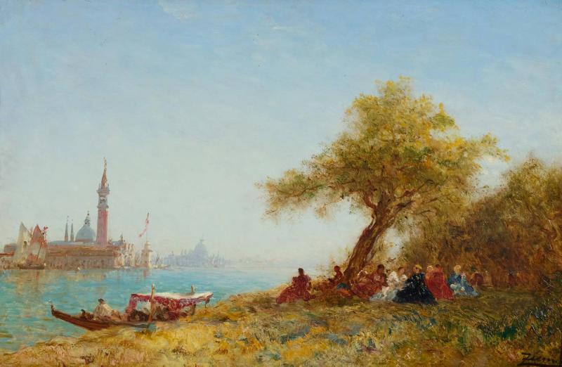 A164 / 3226 FELIX FRANÇOIS ZIEM (Beaune 1821-1911 Paris) Repos sous les arbres près de Venise. Öl auf Holz. Signiert: Ziem. 52,2x80 cm.  CHF 80 000 / 120 000