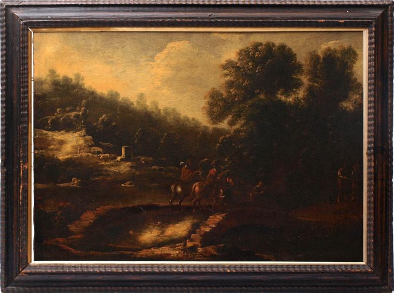 Losnummer: 1772 Artikelnummer: 1949-1  Flämischer Landschafter, 17./18.Jhdt. Abendliche Landschaft. Auf einer Steinbrücke zwei Reiter mit Federhüten, vor ihnen ein bäuerlich gekleideter Führer. Am Ufer zwei Männer im Gespräch. Öl/Lwd., Rahmen aus dem frühen 18.Jhdt. Bildgröße 50x70cm. Doubliert.  Ausrufpreis: € 1500,-