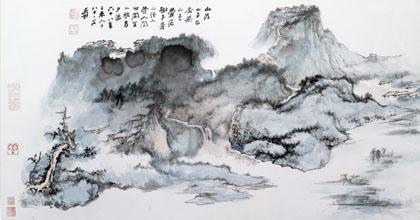 Zhang Daqian 'Tempel in den Bergen bei Sonnenuntergang', 40 x 90 cm.  Aus der Sammlung Fok Chung Kit, der Erlös wird wohltätigen Institutionen gestiftet