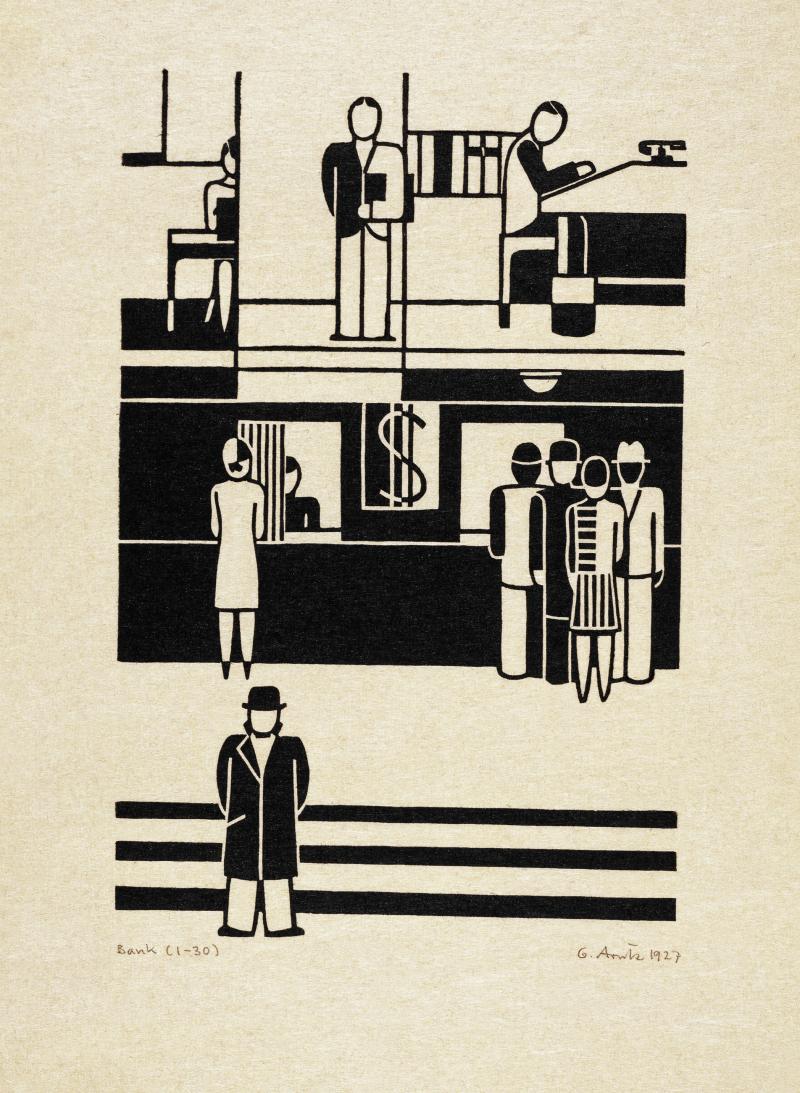 Gerd Arntz (1900–1988) Bank, 1927 Holzschnitt auf Japan, 36,5 x 28,8 cm Städel Museum, Graphische Sammlung, Frankfurt am Main Foto: Städel Museum - ARTOTHEK © VG Bild-Kunst, Bonn Erworben 2007 im deutschen Kunsthandel