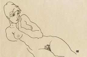 Egon Schiele Seitlich Liegende, aufgestützt, 1918 Kohle auf Papier, 29,3 x 45,3 cm € 150.000–300.000 Fotocredit: Auktionshaus im Kinsky