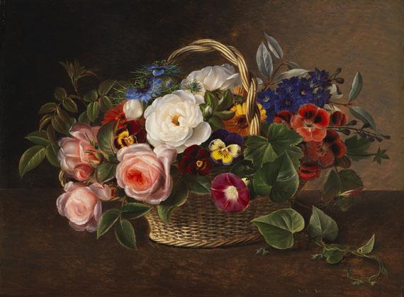 Lot: 648   Jensen, Johan Laurentz  Blumenstillleben mit Rosen, Winden und Stiefmütterchen in einem Korb, 1843.  Schätzpreis: 25.000 EUR / 32.500 $