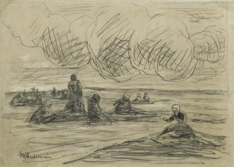 Max Liebermann (1847-1935) Netzflickerinnen, 1894 Bleistift, mit Kreide weiß gehöht, 235 x 330 cm © Hamburger Kunsthalle, Kupferstichkabinett/bpk Photo: Christoph Irrgang