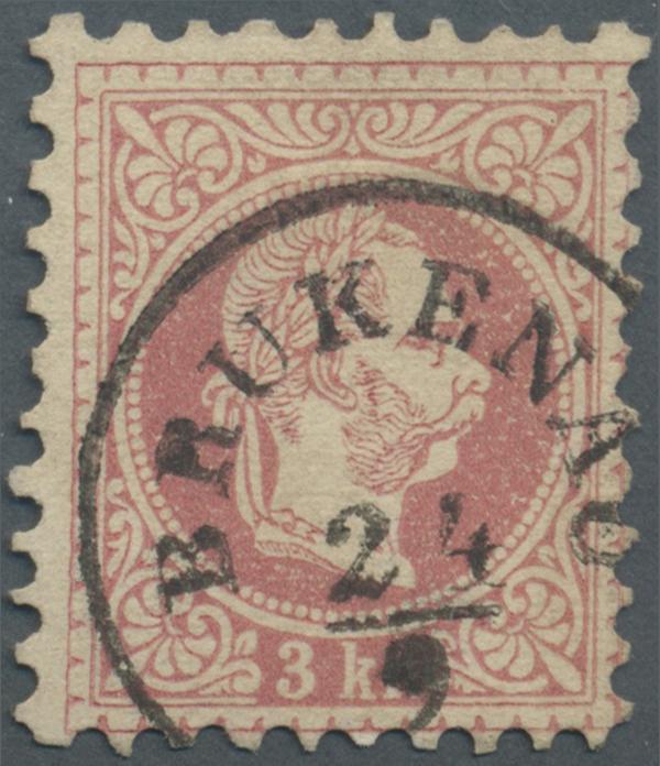 1867, 3 Kreuzer rot, der berühmte FARBFEHLDRUCK rot statt grün, ganz ideal entwertet mit Einkreisstempel «BRUKENAU 24/9», dadurch auch die Wertangabe klar ersichtlich. 150000.00	175000.00