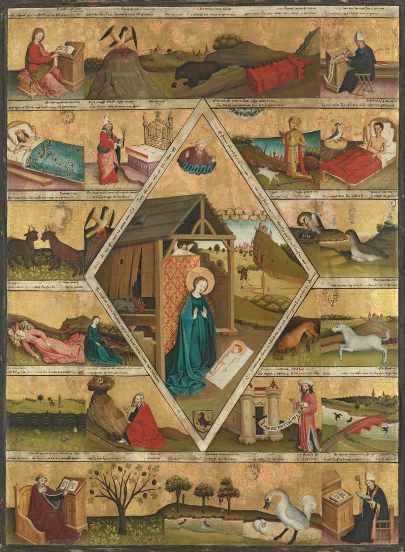 Das Alte Testament - Geschichten und Gestalten  Meister der Ottobeurer Marientafel (tätig um 1450), Verteidigung der Lehre von der unberührten Jungfräulichkeit der Gottesmutter, um 1450  © Bayerische Staatsgemäldesammlungen, Alte Pinakothek, München