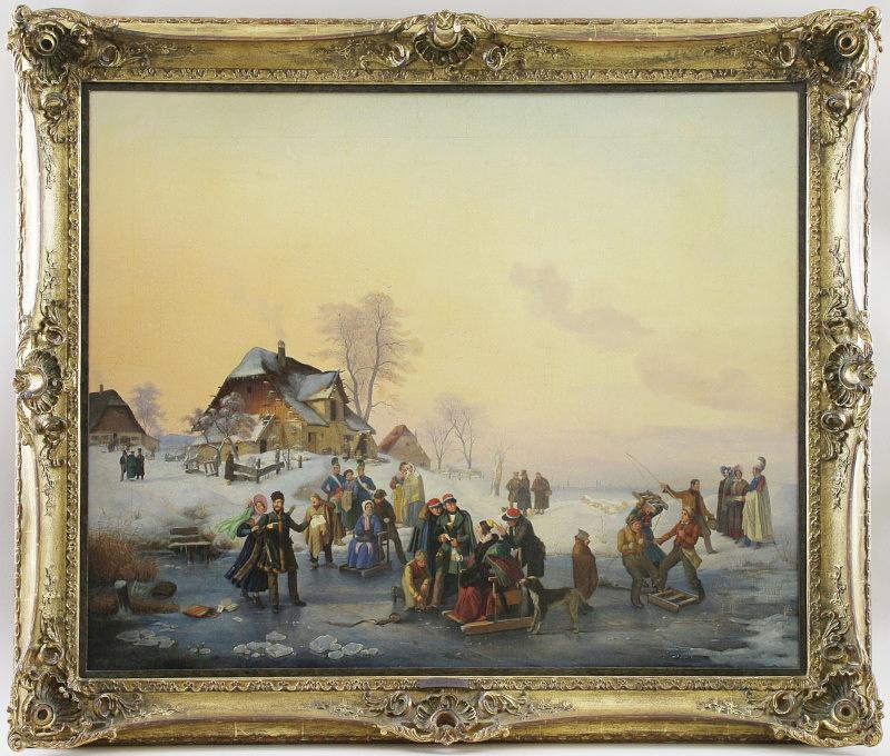 Katalog-Nr. 10 Anton Clemens Albrecht Evers (1802 - 1848) - Öl auf Leinwand, "Wintervergnügen auf einem Weiher bei München mit Personenstaffage", 1838   • Kategorie: Gemälde   • Limit: 3.500,00 EUR