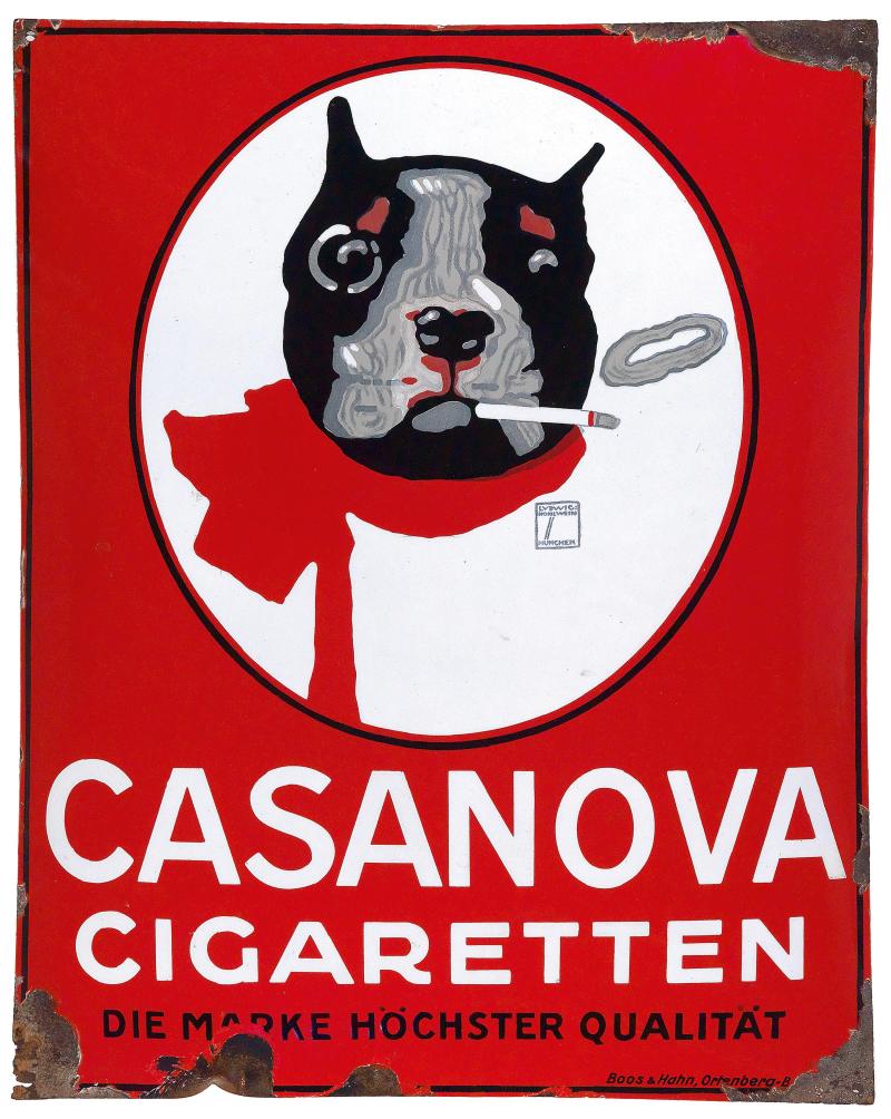 Lot Nr. 77 CASANOVA CIGARETTEN gewölbtes Emailschild, 59 x 74 cm Deutschland, 1920er Jahre Rufpreis € 2.500 Copyright Dorotheum